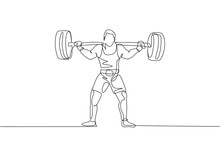 Single Continuous Line Drawing Of Young Strong Weightlifter Man Preparing For Barbell Workout In Gym. Weight Lifting Training Concept. Trendy One Line Draw Design Graphic Vector Illustration