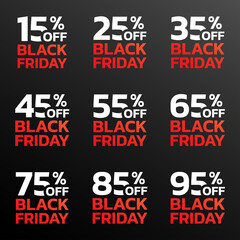 Poster - Price off label or badge set. Black Friday sale icons or tags with 15, 25, 35, 45, 55, 65, 75, 85, 95 percent discount. Vector illustration.