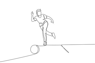 Poster - Single continuous line drawing of young happy bowling player man throw bowling ball to hit the pins. Doing sport hobby at leisure time concept. Trendy one line draw design vector illustration graphic