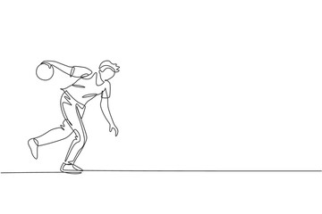 Poster - One single line drawing of young talented bowling player man throw ball to hit bowling pins graphic vector illustration. Healthy people lifestyle and sport concept. Modern continuous line draw design