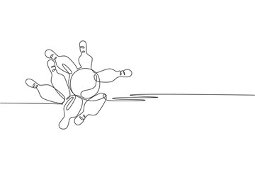 Poster - One single line drawing of bowling ball thrown to bowling pins until falling apart vector graphic illustration. Leisure activity and recreational game sport concept. Modern continuous line draw design