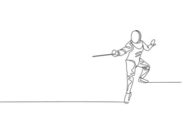Poster - one single line drawing of young man fencer athlete in fencing costume exercising motion on sport ar