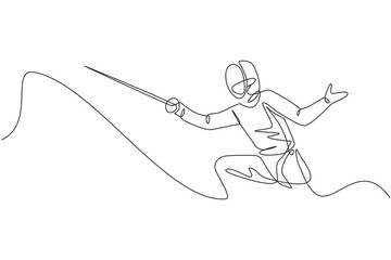 Poster - One single line drawing of young woman fencer athlete in fencing costume exercising motion on sport arena vector illustration. Combative and fighting sport concept. Modern continuous line draw design
