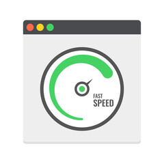 Poster - Web browser with speedometer test showing fast good page loading speed time. Vector.