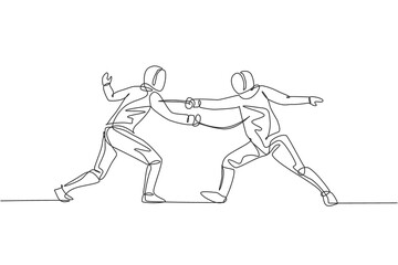 single continuous line drawing of two young pro fencer athlete women in fencing mask and rapier duel