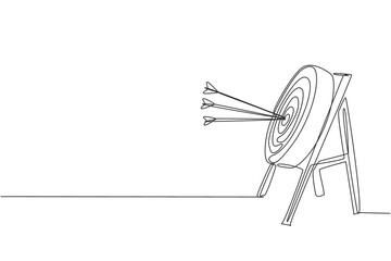Poster - One continuous line drawing of arrows was shot bullseye to archery target, side view. Archery sport training and exercising concept. Dynamic single line draw graphic design vector illustration