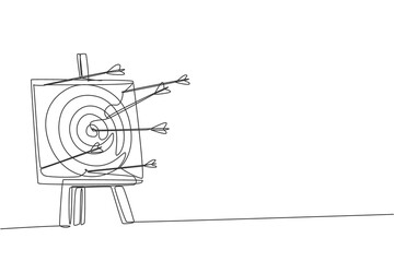 Poster - Single continuous line drawing of professional archer shot archery target not too precisely. Archery sport exercise with the bow concept. Trendy one line draw design vector illustration graphic