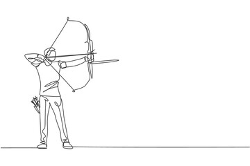 Poster - One single line drawing of young archer man focus exercising archery to hit the target vector graphic illustration. Healthy refresh shooting with bow sport concept. Modern continuous line draw design
