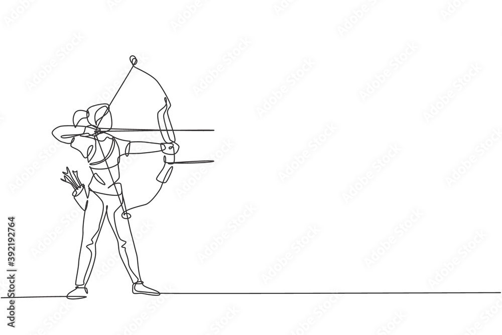 Single continuous line drawing of young professional archer woman focus aiming archery target. Archery sport exercise with the bow concept. Trendy one line draw design graphic vector illustration - obrazy, fototapety, plakaty 