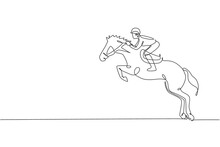 One Single Line Drawing Of Young Horse Rider Man Performing Dressage Jumping Test Vector Graphic Illustration. Equestrian Sport Show Competition Concept. Modern Continuous Line Draw Design