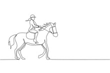 Single Continuous Line Drawing Of Young Professional Horseback Rider Walking With A Horse Around The Stables. Equestrian Sport Training Process Concept. Trendy One Line Draw Design Vector Illustration