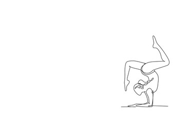 Poster - One continuous line drawing of rhythmic motion young beauty gymnast girl. Floor exercise performer in leotard. Healthy active sport dance concept. Dynamic single line draw design vector illustration