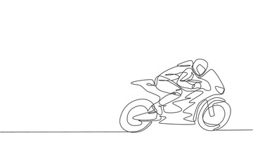 Poster - One single line drawing of young moto racer practice to improve speed bike at circuit vector illustration. Superbike racing concept. Modern continuous line draw design for motor racer event banner