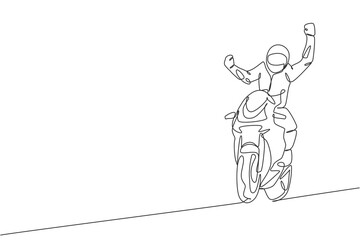 Poster - One single line drawing of young moto biker celebrate winning with raising his hands vector illustration. Superbike racing concept. Modern continuous line draw design for motor racer event banner