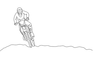 Wall Mural - Single continuous line drawing of young motocross ride drive the bike so fast at track. Extreme sport race concept vector illustration. Trendy one line draw design for motocross event promotion media