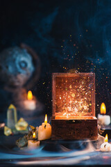 Wall Mural - Magical box with stardust inside, witch workplace with candles, Moon glove