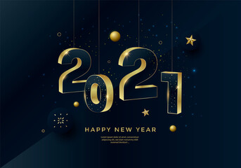 Happy New Year 2021 gold numbers typography greeting card design on dark background. Merry Christmas invitation poster with golden decoration elements.