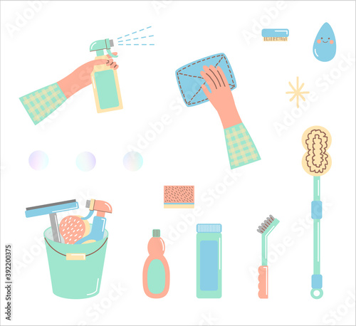 Set Of Cleaning Tools For Bathroom バケツに入った掃除道具セット 掃除道具のイラスト トイレ掃除 浴室掃除 シャボン玉 Stock Vector Adobe Stock