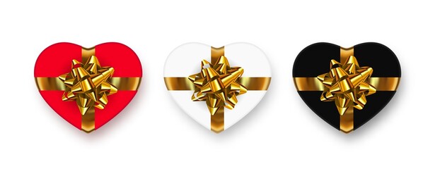 Poster - Gift box set. Romantic multicolored heart shaped gift boxes with shadows and golden bows.