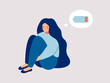 © Mary Long - Tired woman sitting and hugging her knees with a discharged battery in the thoughts. Fatigued female is in emotional burnout or mental disorder. Vector illustration