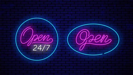 Wall Mural - Open 24/7 neon signboard design template for bar, store, club, cafe.