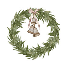 Christmas Boho Wood Wreath With Willow Branches, Ribbon And Bells