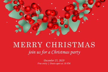 Wall Mural - Merry Christmas web page template. Vector illustration for landing page, poster, banner and website development. Red Background design of Xmas Wreath