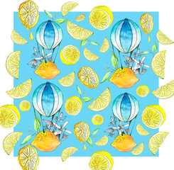 Lemon explosion, balloons, delivery, pattern, background.