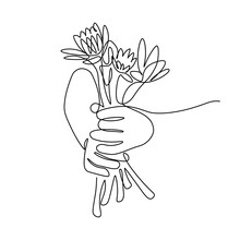 Flower Gift In Hands In Continuous Line Art Drawing Style. Human Hands Holding Bouquet Of Flowers Minimalist Black Linear Sketch Isolated On White Background. Vector Illustration