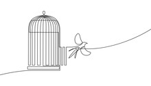 Bird Released From Birdcage In Continuous Line Art Drawing Style. Bird Flying Away From Open Cage. Rescue, Freedom And New Opportunities. Minimalist Black Linear Sketch Isolated On White Background