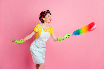 Sticker - Portrait of her she attractive cheery housemaid using fluffy duster cleansing fast easy order room service isolated over pink pastel color background