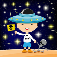 Wall Mural - Boy and toy alien on the background of the starry sky.