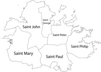  White vector map of the island of Antigua with black borders and names of it's parishes