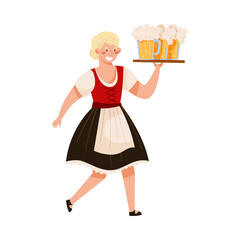 Wall Mural - Young Woman in Dirndl Dress Carrying Beer Mugs Vector Illustration