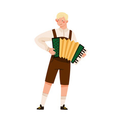 Wall Mural - Young Man in Lederhosen Playing Piano Accordion Vector Illustration