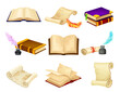 Old Books in Hard Cover with Pages and Scrolls with Quill Vector Set