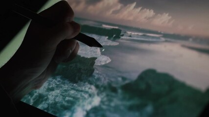 Wall Mural - remote working at night photographer. creative digital artist photographer working from home edit hi