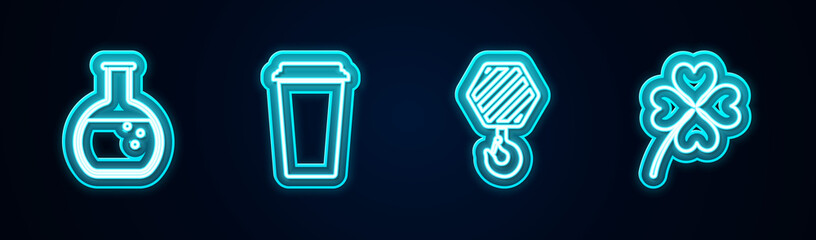 Wall Mural - Set line Test tube and flask, Coffee cup, Industrial hook and Four leaf clover. Glowing neon icon. Vector.