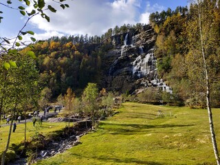 View on the Tvindefossen waterfall near Holbygdi city Norway at autumn Tvindefossen