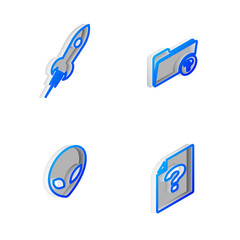 Poster - Set Isometric line Unknown directory, Rocket ship with fire, Alien and document icon. Vector.