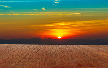 Brown natural wood panels with mountain landscape and sunrise