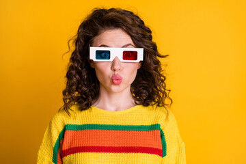 Canvas Print - Portrait of pretty sweet young brunette hair woman blow kiss wear 3d spectacles pullover isolated on yellow color background