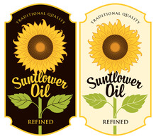 Set Of Two Labels For Refined Sunflower Oil With A Big Blossom Sunflower And Green Leaves In A Figured Frame. Vector Illustration In Retro Style, Advertising Banner