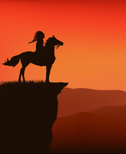 Sunset Wild West Vector Silhouette Scene With Native American Chief Riding Horse At Cliff Top With View Over Mountains