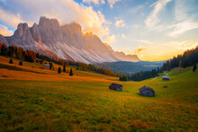 Beautiful Autumn Colors At The Foot Of The Odle Mountains In The Backdrop Of The Seceda Mountains At Sunset In The Dolomites, Trentino Alto Adige, Val Di Funes Valley, South Tyrol