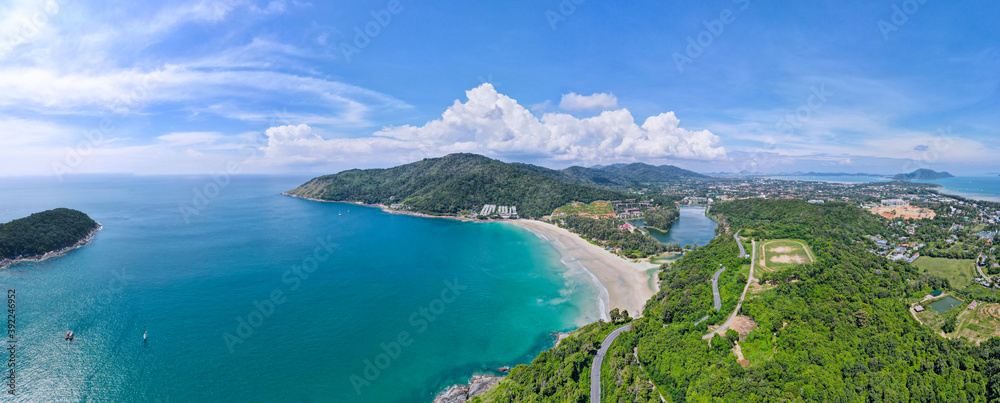Aerial view of drone. Panorama view of naiharn beach Phuket Thailand - obrazy, fototapety, plakaty 