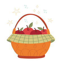 Autumn Basket With Big Apples. Harvest Concept.Organic Food. Illustration For Children's Book.Simple Illustration.
Cute Poster.