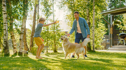 Wall Mural - Handsome Father and Son Spend Quality Family Time Together, Play Soccer with Football, Passing to Each other, and Having Fun. Sunny Day Idyllic Suburban Home Backyard with Loyal Golden Retriever Dog 