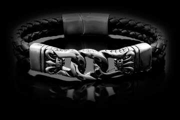 Wall Mural - Bracelet for men. Leather and stainless steel.