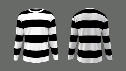 Striped long sleeve t-shirt mockup in front and back views. 3d rendering, 3d illustration